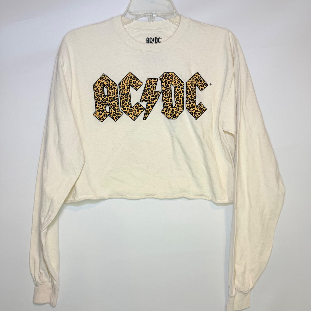 ACDC Leopard Print Logo Cropped Long Sleeve Graphic Tee Cream S/M